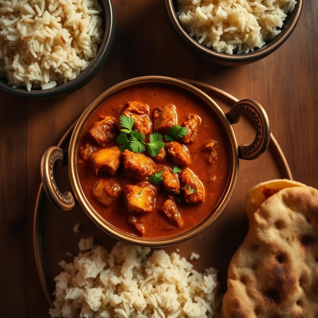 Curry indio servido con arroz basmati y naan