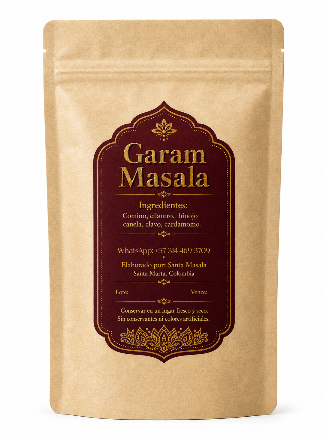 Reverso del empaque Garam Masala: ingredientes y almacenamiento